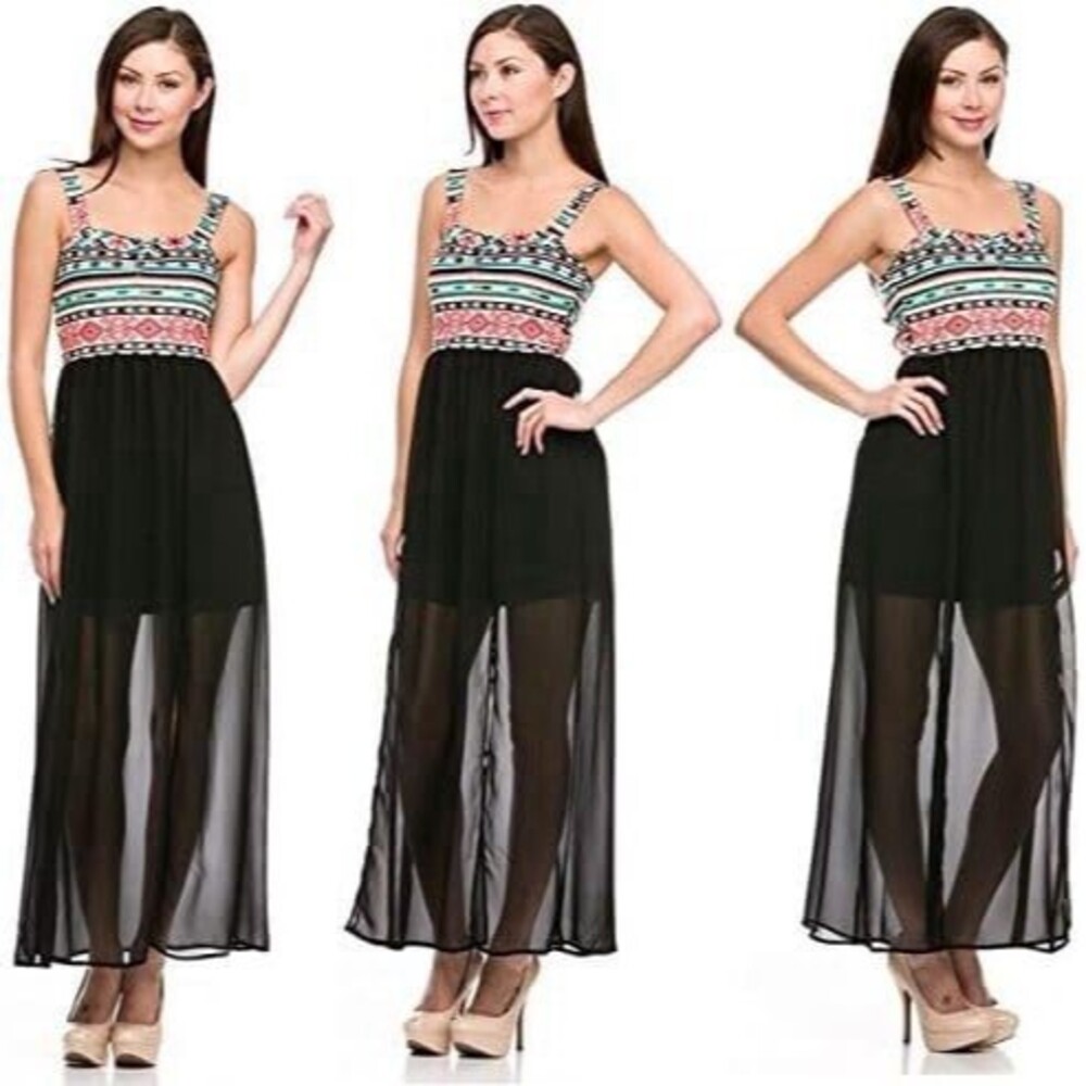 Finesse Aztec Print Maxi Dress XS S Boho Geometric Tribal Sheer Chiffon Festival - Picture 2 of 7